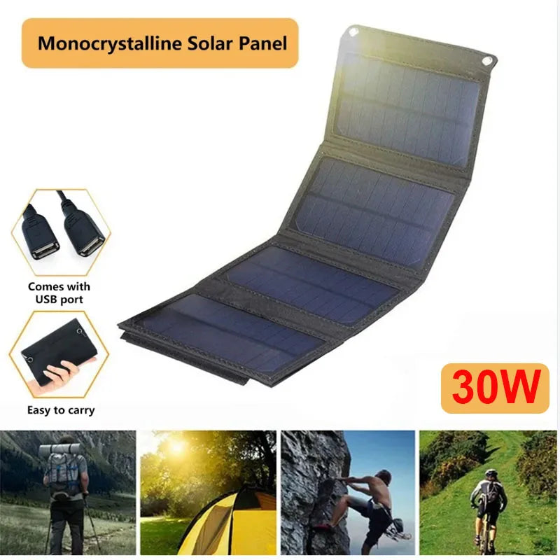 30W Foldable Solar Panels Portable 4-fold Waterproof 5V USB Solar Cells Phone Charger Power Bank for Outdoor Camping Accessories