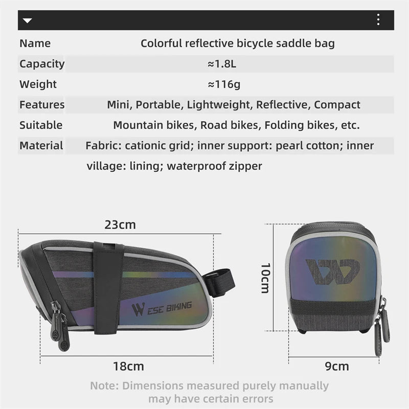 WEST BIKING 1.8L Bicycle Saddle Bag Storage Bike Seat Tail Rear Pouch Bag Accessory Kit Tool Reflective Cycling Accessories