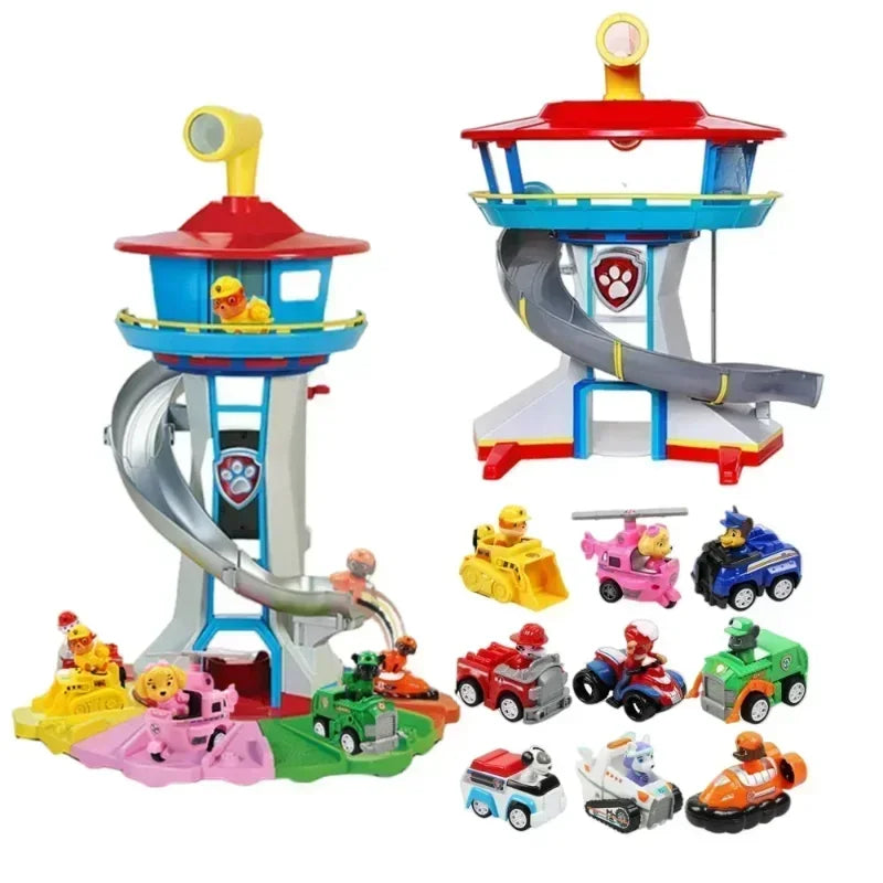 Original Paw Patrol Tower Toy Set Patrol Canine Lookout Vehicle Anime Figures Ryder Chase Skye With Rebound Bicycle Kids Gifts