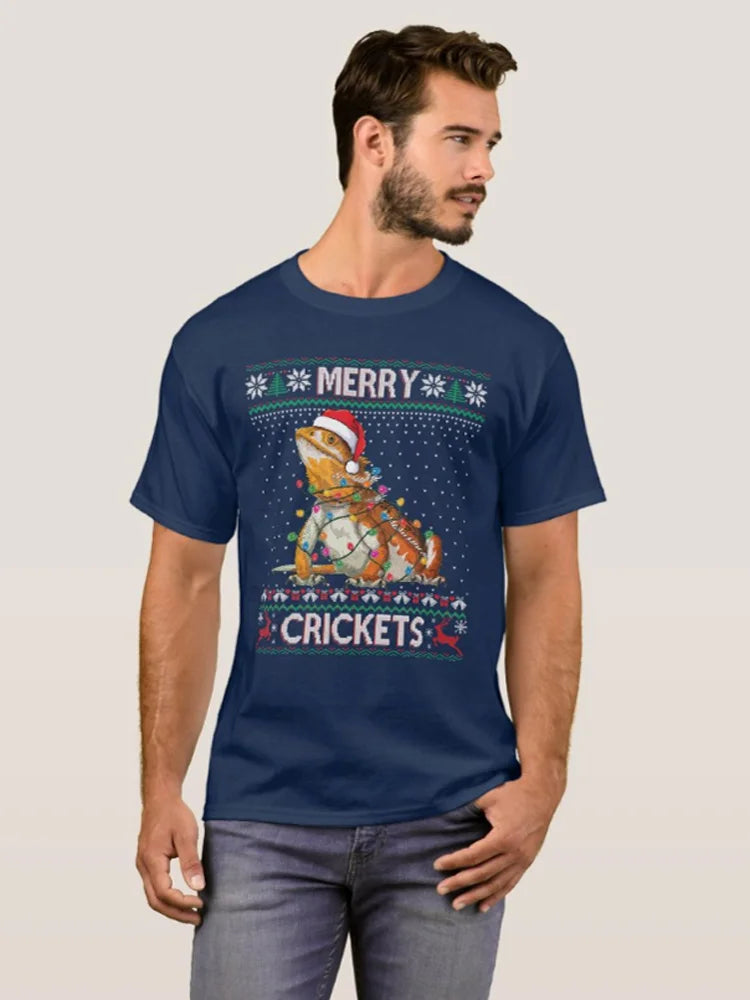Merry Crickets Bearded Dragon Ugly Christmas Sweater T-Shirt 100% Cotton O-Neck Short Sleeve Casual Mens T-shirt Size S-3XL