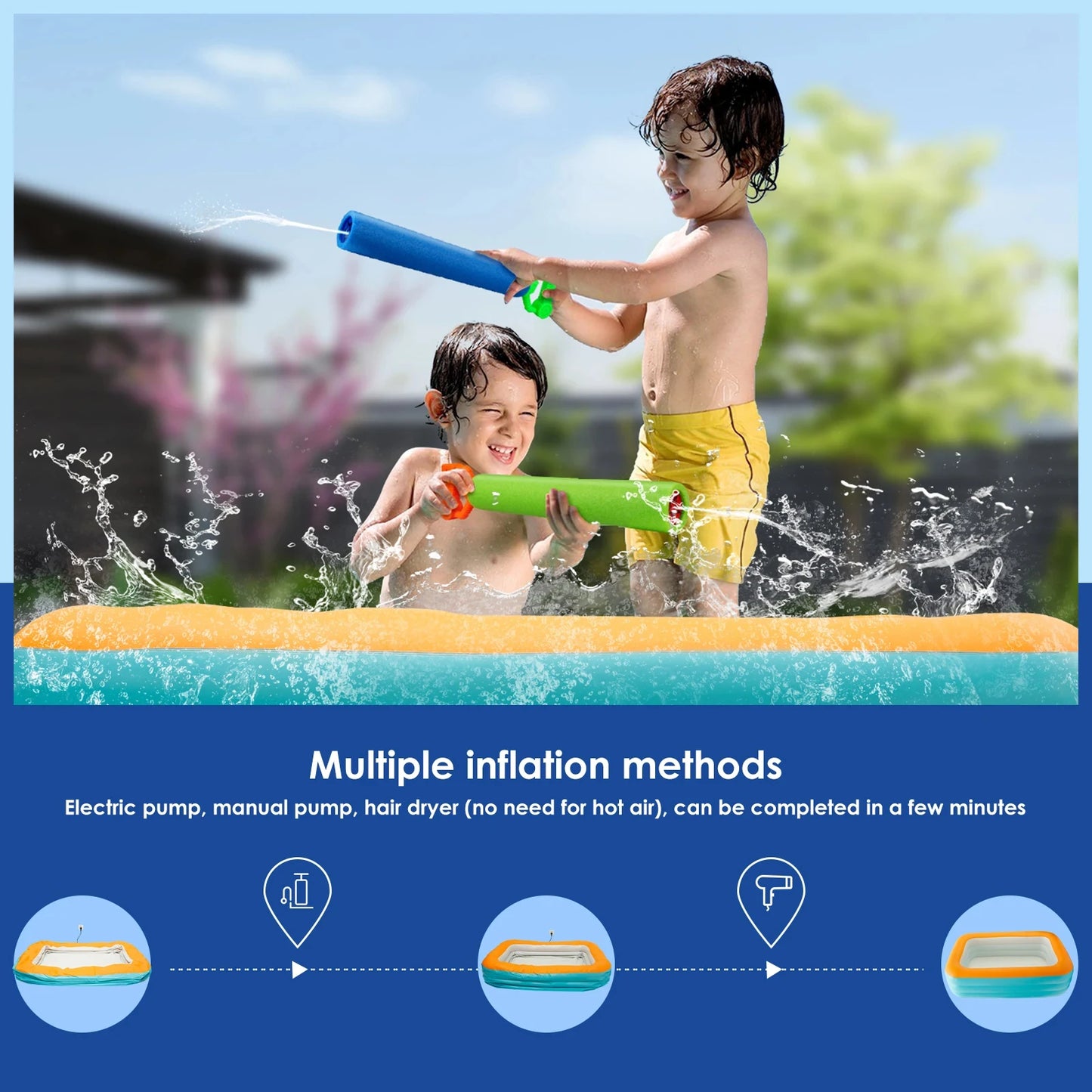 180/210cm Inflatable Swimming Pool Summer Outdoors Square-Shaped Kids Paddling Pool Inflatable Bath Tub with Drainage Design