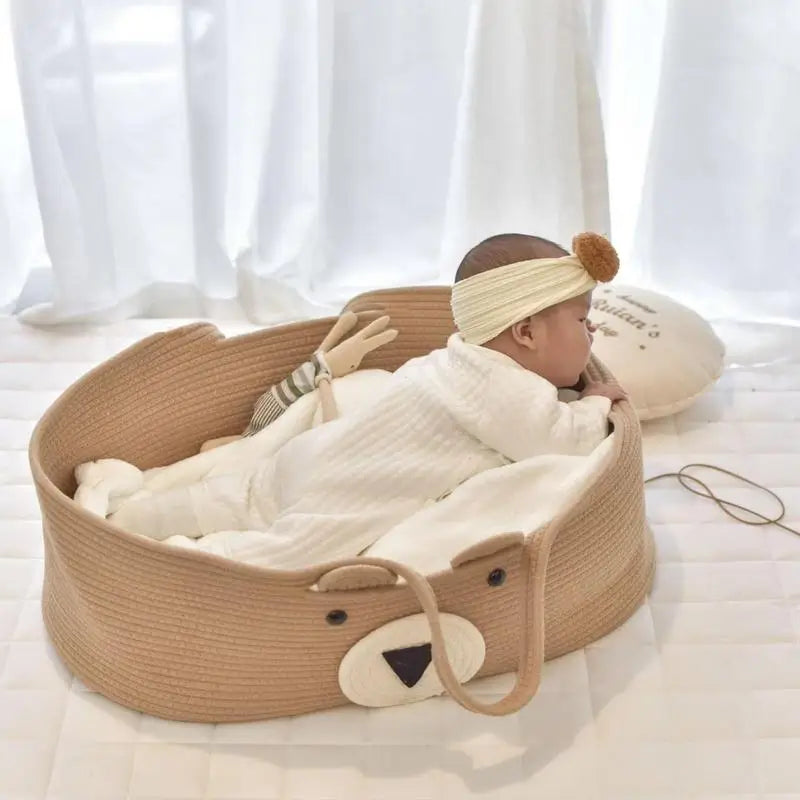 Moses Basket For Babies Cute Bear Pattern Handwoven Diaper Changing Basket Multifunctional Foldable Portable Babies Essentials