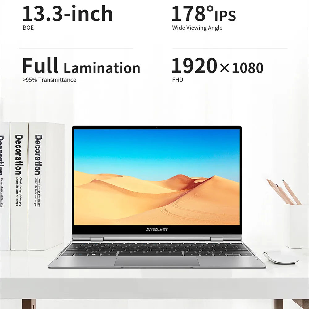 TECLAST laptop F6 Air, 13,3 inch, 8GB RAM, 256GB SSD, touch screen, 360 ° rotation, 1920x1080, Windows 10, Intel 8th Gen. Gemini Lake Refresh 1,25 KG 2,4G 5G Wi-Fi UHD 600