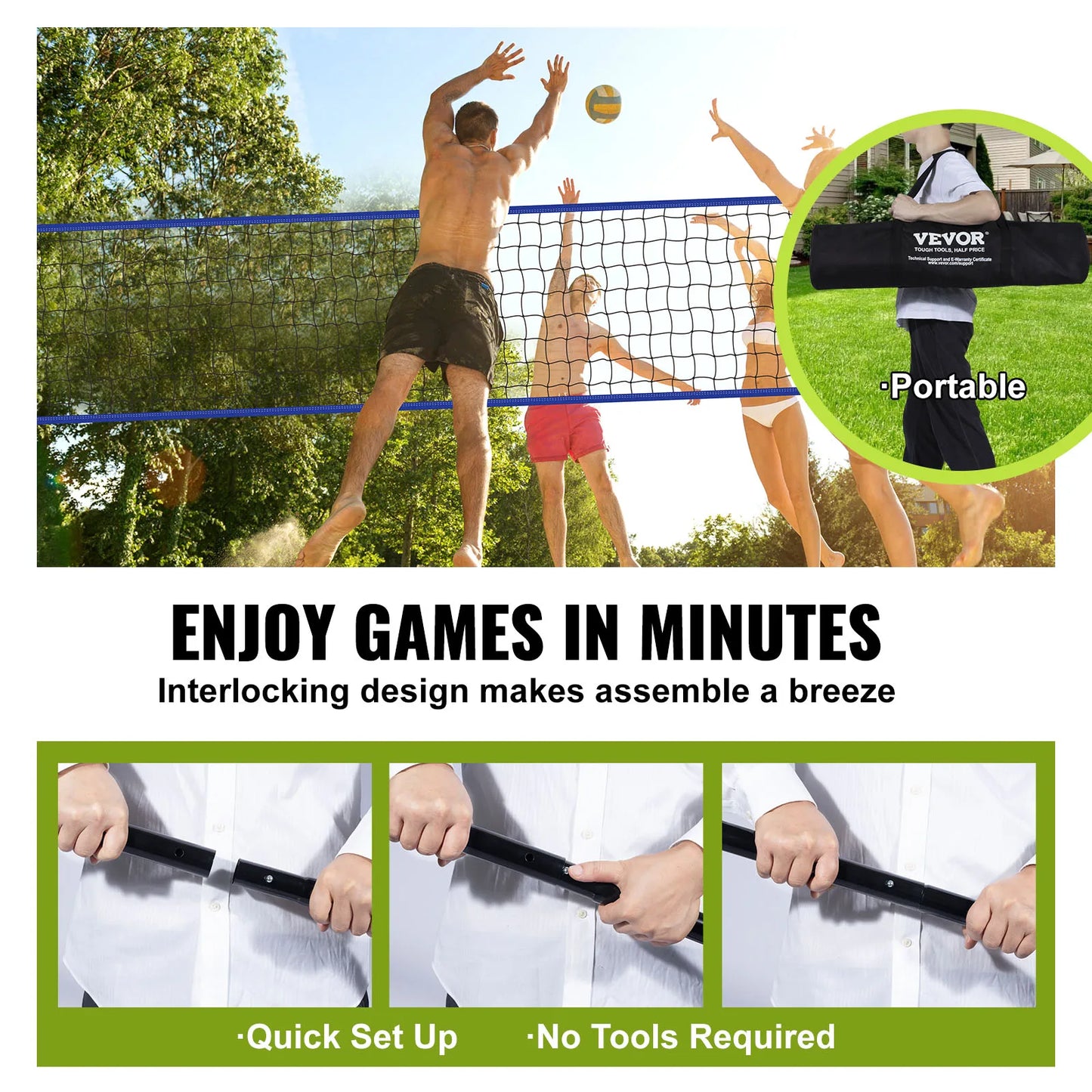 VEVOR Outdoor Volleyball Net System Adjustable Height Steel Poles with PVC Volleyball Pump Carrying Bag for Backyard Beach Lawn