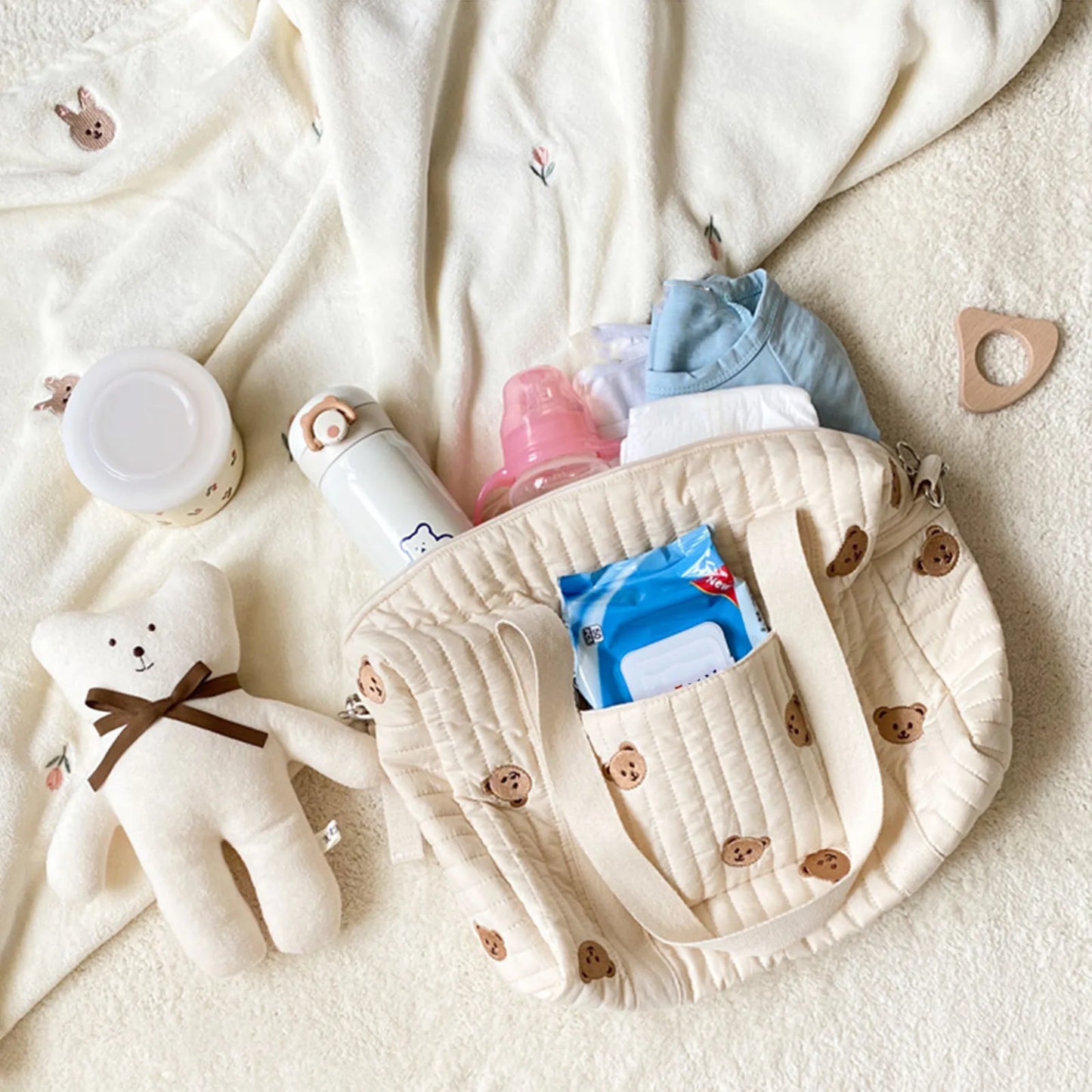 Embroidery Baby Bottle Bag on Stroller Soft Cotton Bucket Bag Bear Rabbits Olive Pattern Beige Lunch Box Bottle Tote Bag
