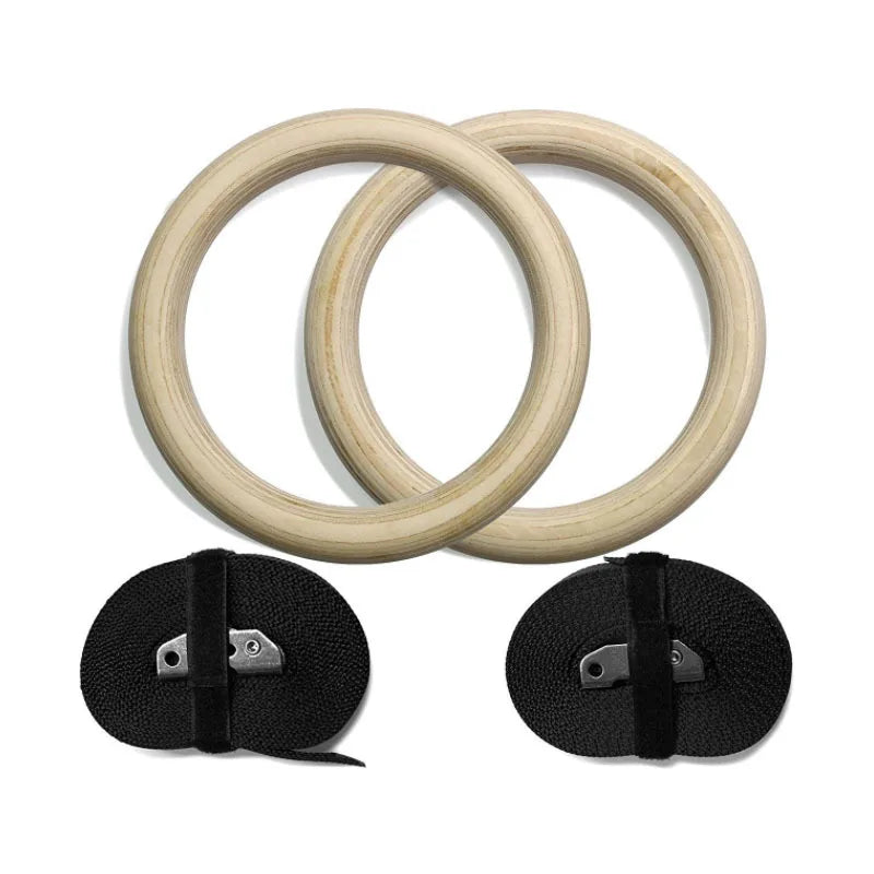 Sports Wood Gymnastic Rings with Adjustable Buckle Straps Anti-slip belt for Strength Training Home Gym Full Body Workout