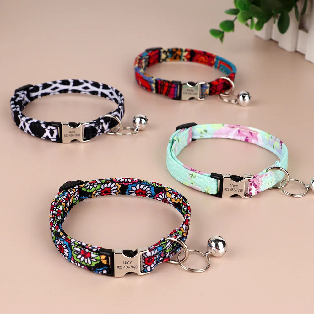 Personalized Printed Cat Collar Adjustable Kitten Puppy Collars With Free Engraved ID Nameplate Bell Anti-lost Cats Collars