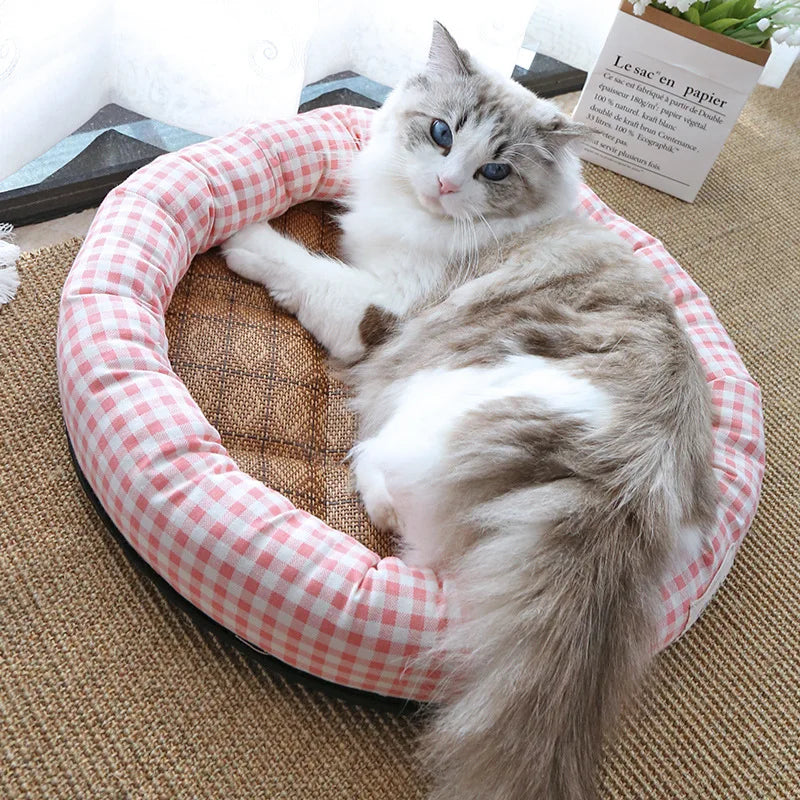 Summer Cat Bed Round Ice Silk Cool Pet Mat Comfortable Kitten Small Dogs Sleeping Bed Cat Nest Sofa Cooling Rattan Pet Matress