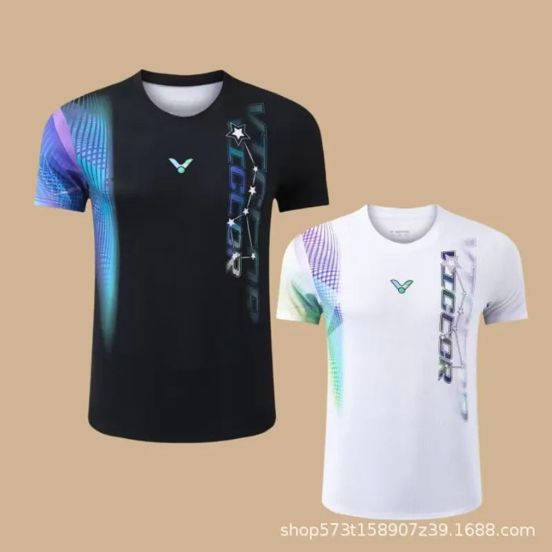 Customized men's and women's badminton T-shirt shorts quick dry breathable lightweight V-neck tennis T-shirt can print LOGO