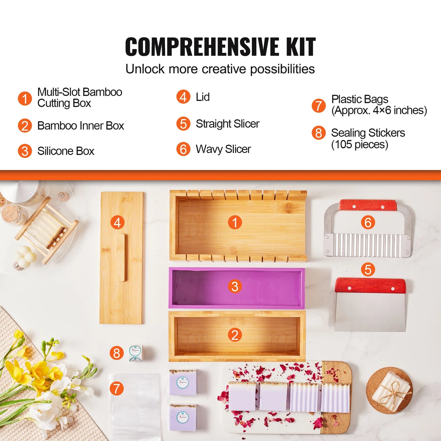 VEVOR Soap Making Kit Bamboo Cutting Box and Inner Box with Silicone Mold Stainless Steel Straight Cutter and Wavy Cutter