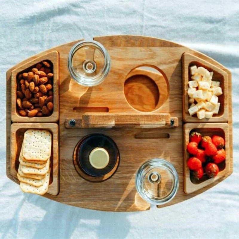 Wooden Folding Picnic Table with Glass Holder Round Foldable Desk Wine Glass Rack Collapsible Table Snack Tray for Garden Party