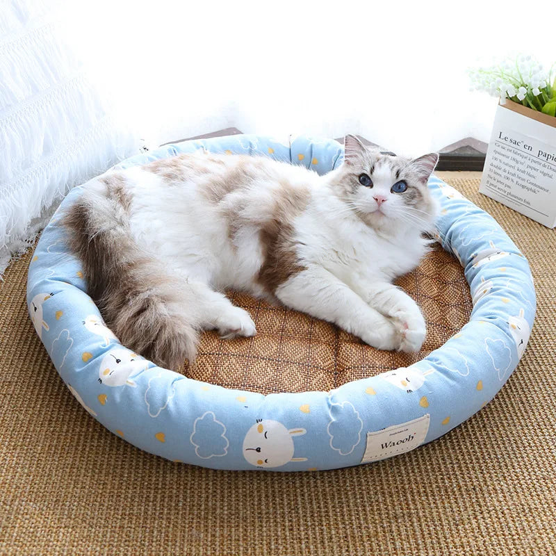 Summer Cat Bed Round Ice Silk Cool Pet Mat Comfortable Kitten Small Dogs Sleeping Bed Cat Nest Sofa Cooling Rattan Pet Matress