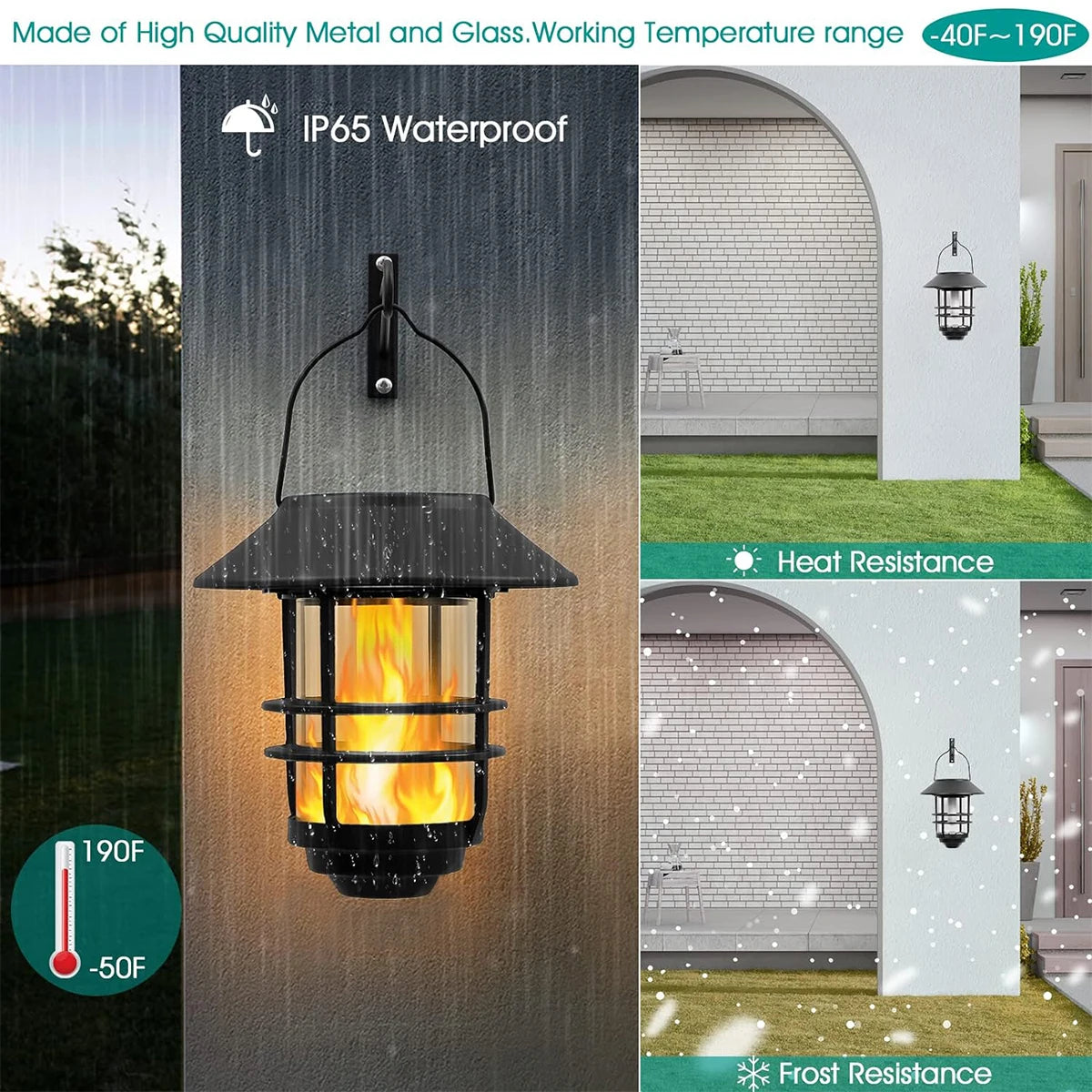 Solar Lantern Outdoor Hanging Wireless Waterproof Flickering Flames Lantern Lights with Wall Mount Kit for Garden Porch Fence