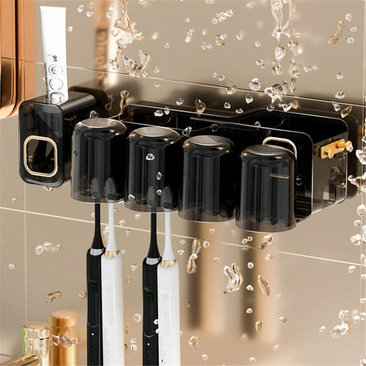 Wall-mounted Toothbrush Holder Toothpaste Dispenser Punch-free Bathroom Makeup Storage Box Home Bathroom Accessories Rack Black