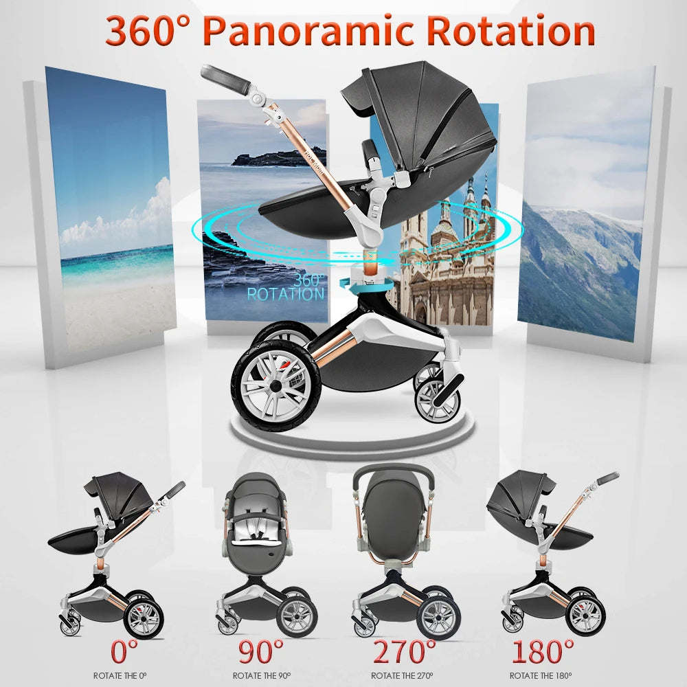 Hot Mom F023 Baby Stroller 3 in 1,Rotates 360 Degrees,PU Leather, Mosquito Net, Rain Cover, Adapter, Cup Holder, large wheels
