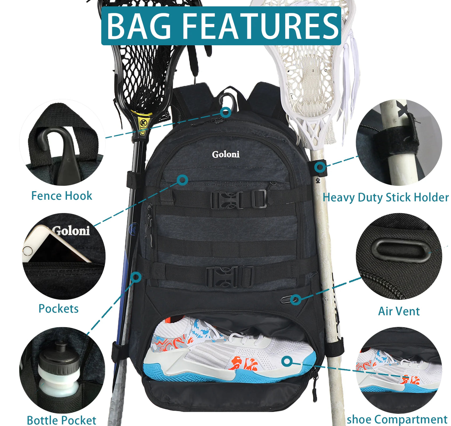 Large Lacrosse Equipment Backpack with Two Sticks holder and Separate Cleats Compartment Field Hockey Bag