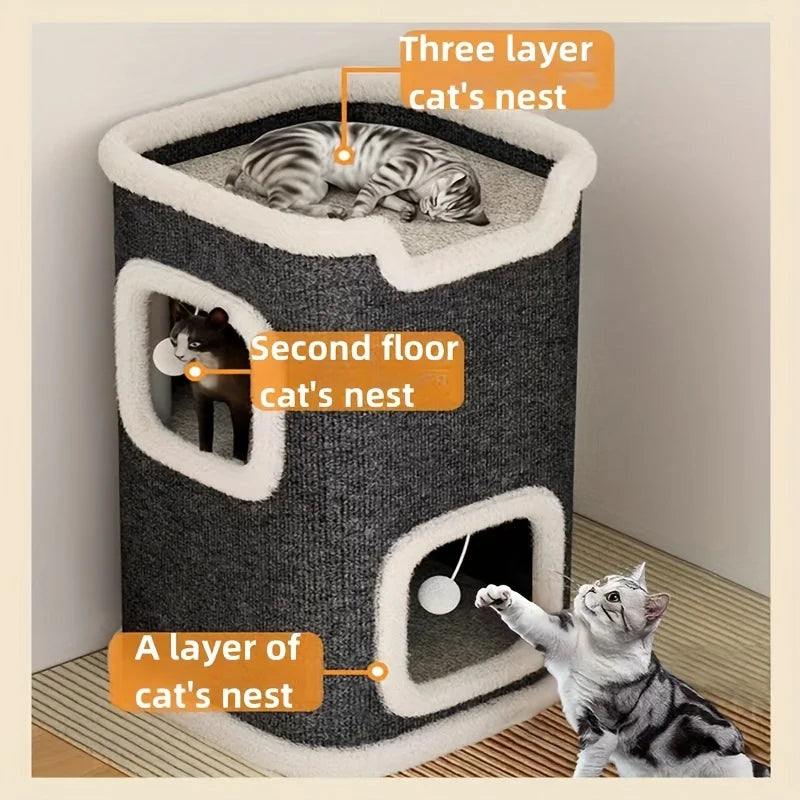 New Cat House Deluxe Square Cat Condo With Scratching Posts Nylon Cat House Bed with Scratching Board Cat Play Toy Shelter