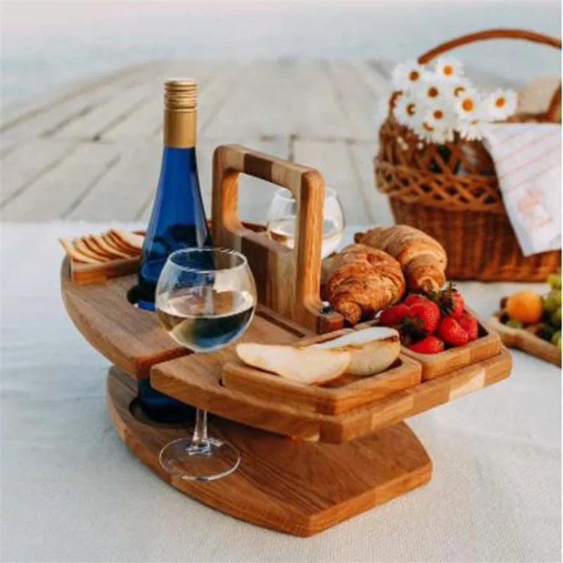 Wooden Folding Picnic Table with Glass Holder Round Foldable Desk Wine Glass Rack Collapsible Table Snack Tray for Garden Party