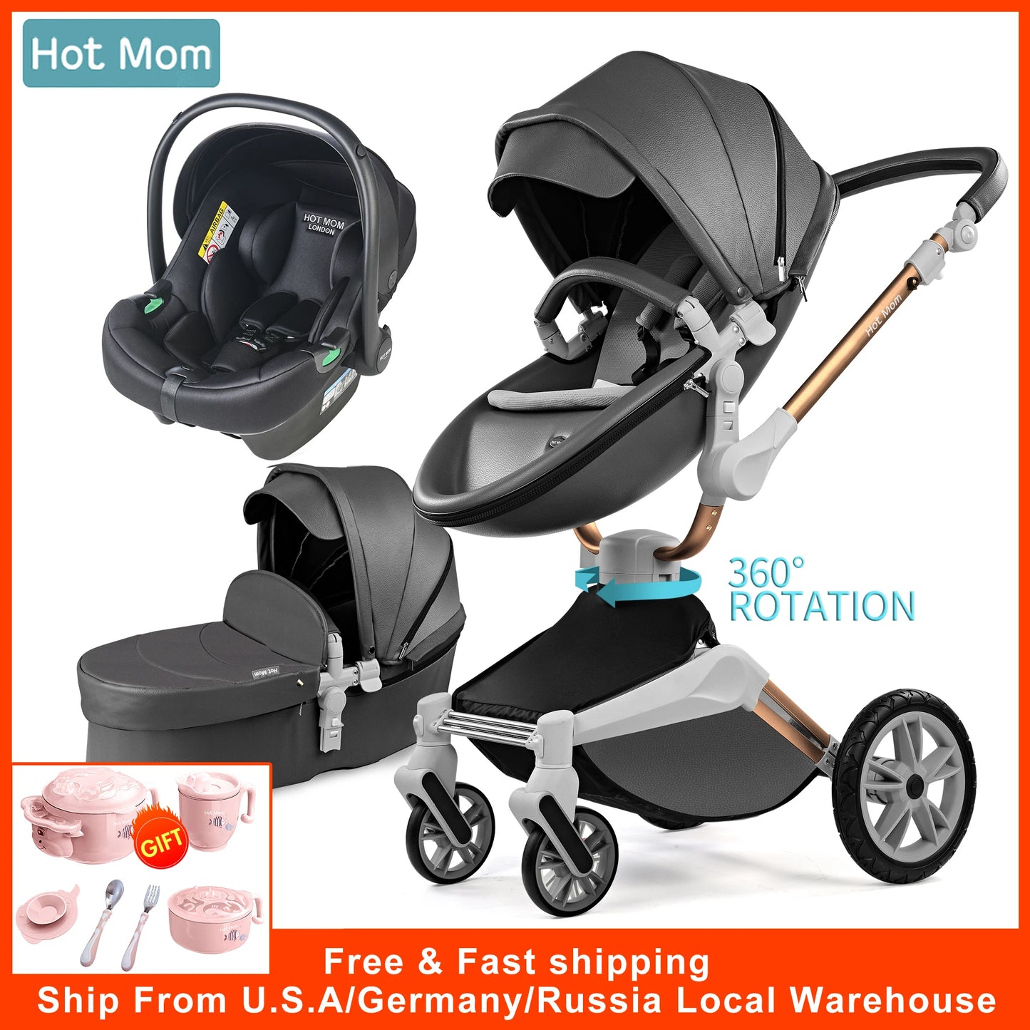 Hot Mom F023 Baby Stroller 3 in 1,Rotates 360 Degrees,PU Leather, Mosquito Net, Rain Cover, Adapter, Cup Holder, large wheels