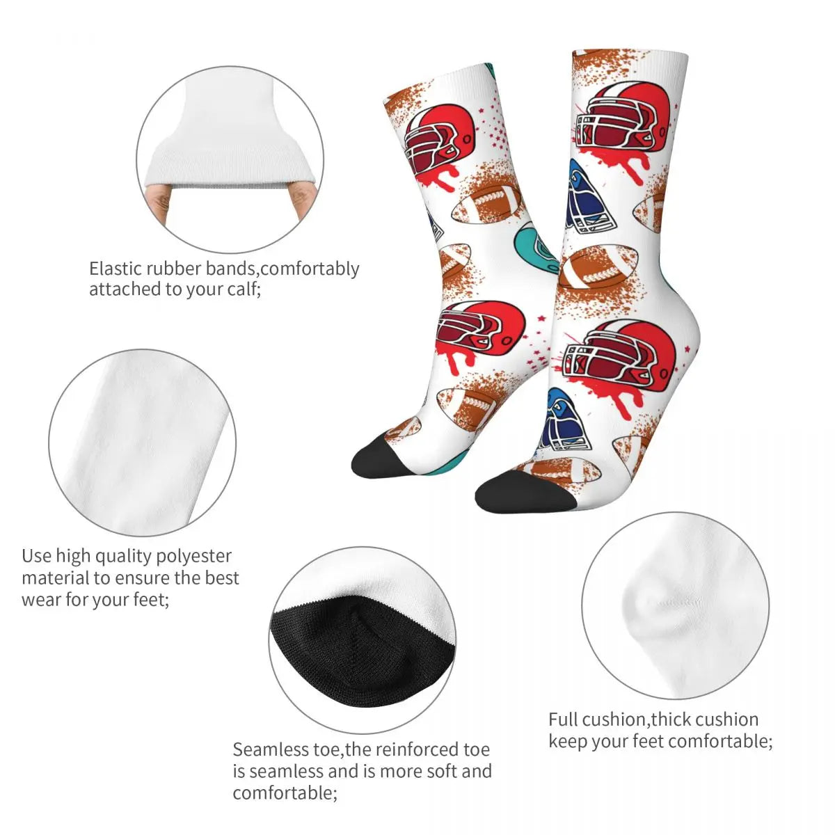 American Football Player Helmet Theme Design All Season Socks Merch for Women Cozy Crew Socks