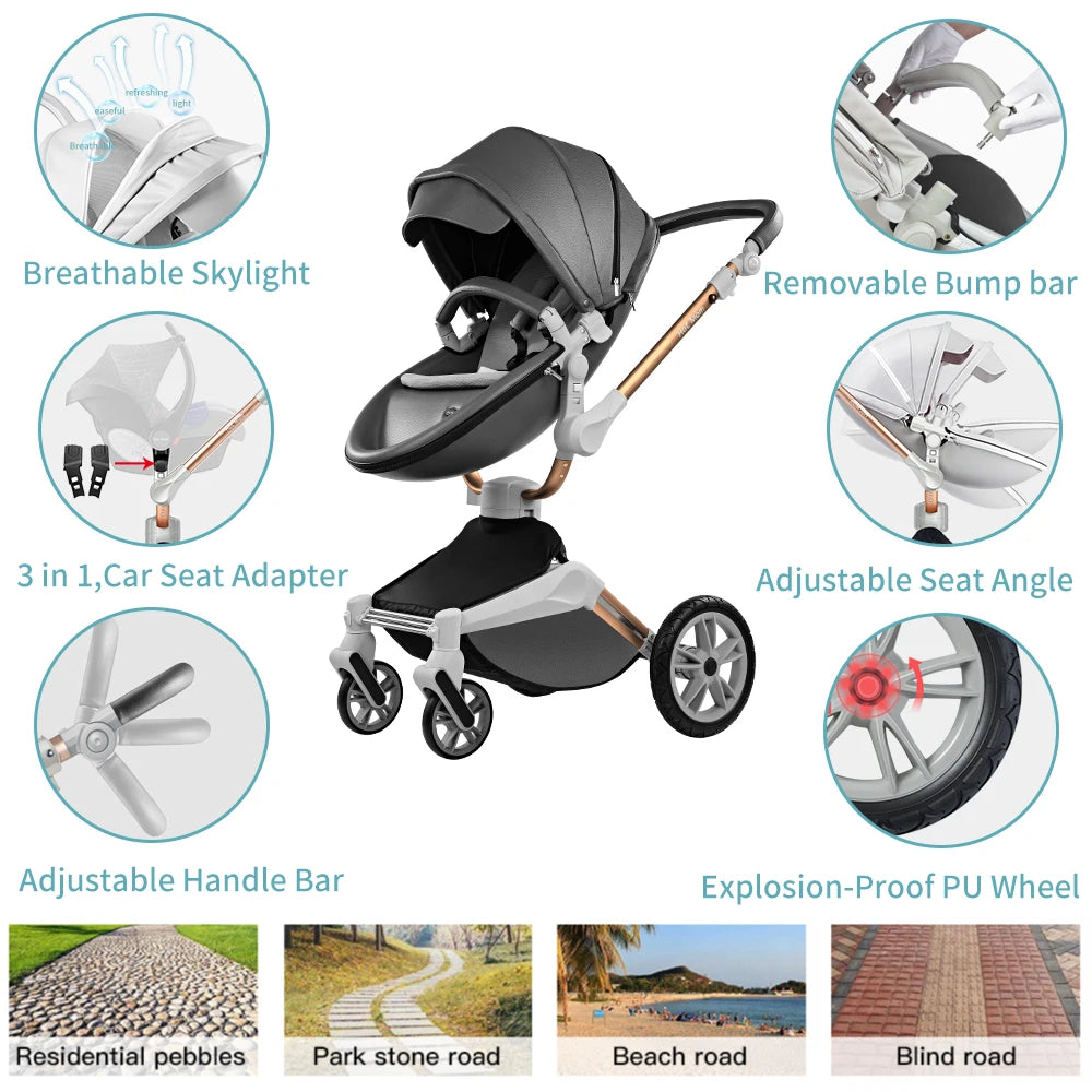 Hot Mom F023 Baby Stroller 3 in 1,Rotates 360 Degrees,PU Leather, Mosquito Net, Rain Cover, Adapter, Cup Holder, large wheels
