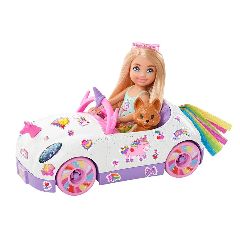 Original Barbie Club Chelsea Doll 6-inch Fashion Rainbow Unicorn Open-Top Car Kids Toys for Girls Play Dollhouse Accessories Pet