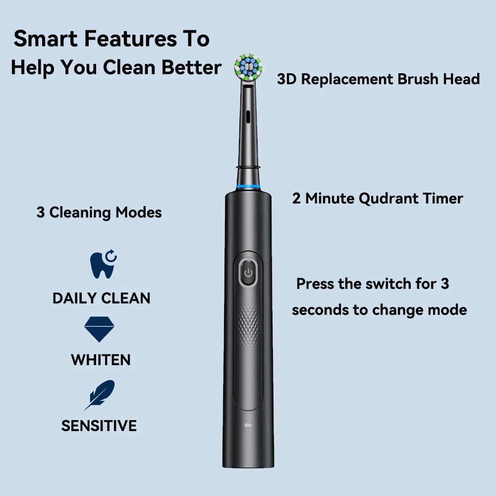 Rotating Electric Toothbrush Black White for Adults with 4 Brush Heads Deep Clean with Rechargeable Power and 2 Min Smart Timer