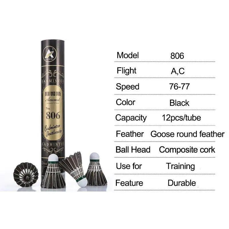 ALP 806 Badminton Shuttlecocks 12Pcs Black Goose Feather Badminton Balls for Training Badminton Sports 77 76 Speed Shuttlecock