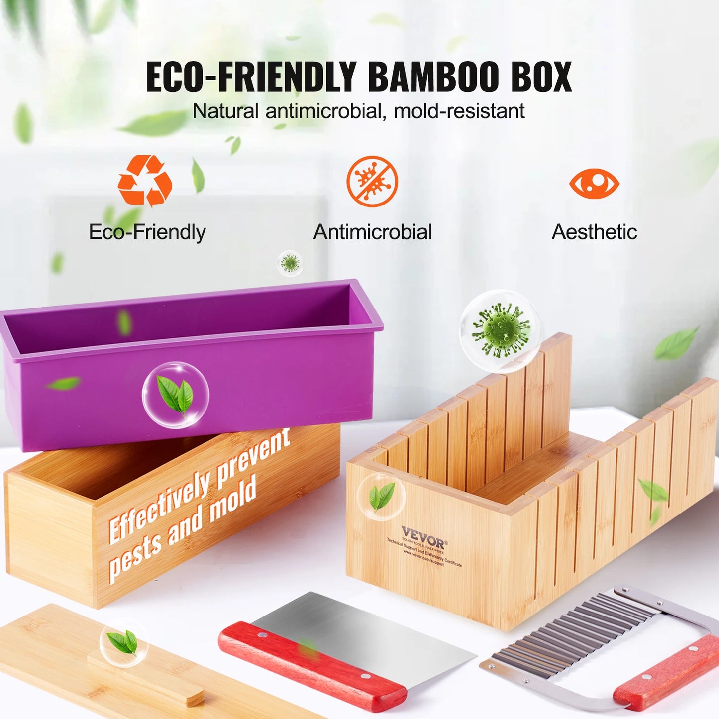 VEVOR Soap Making Kit Bamboo Cutting Box and Inner Box with Silicone Mold Stainless Steel Straight Cutter and Wavy Cutter