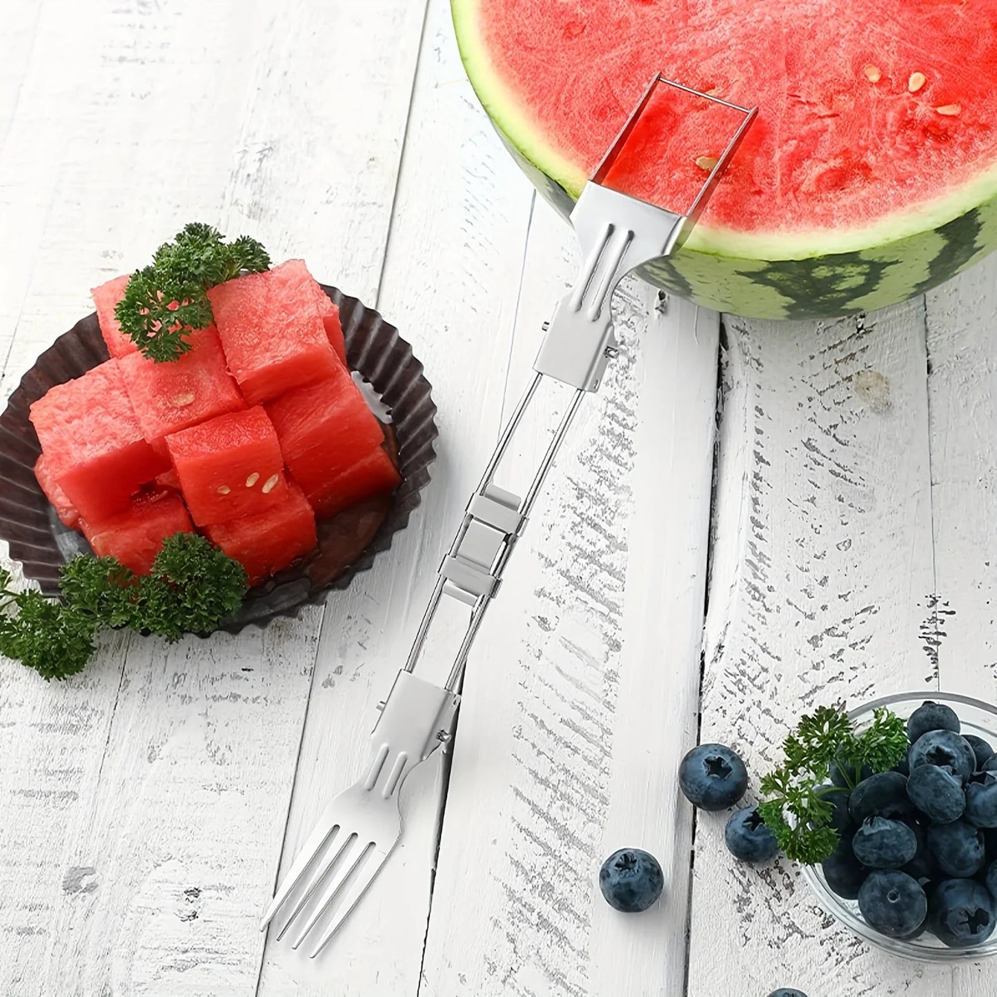 2-in-1 Stainless Steel Fruit Cutter,Dual Head Watermelon Fork Cutter Slicer Tool For Home Kitchen Gadget Melon Cube Cutter