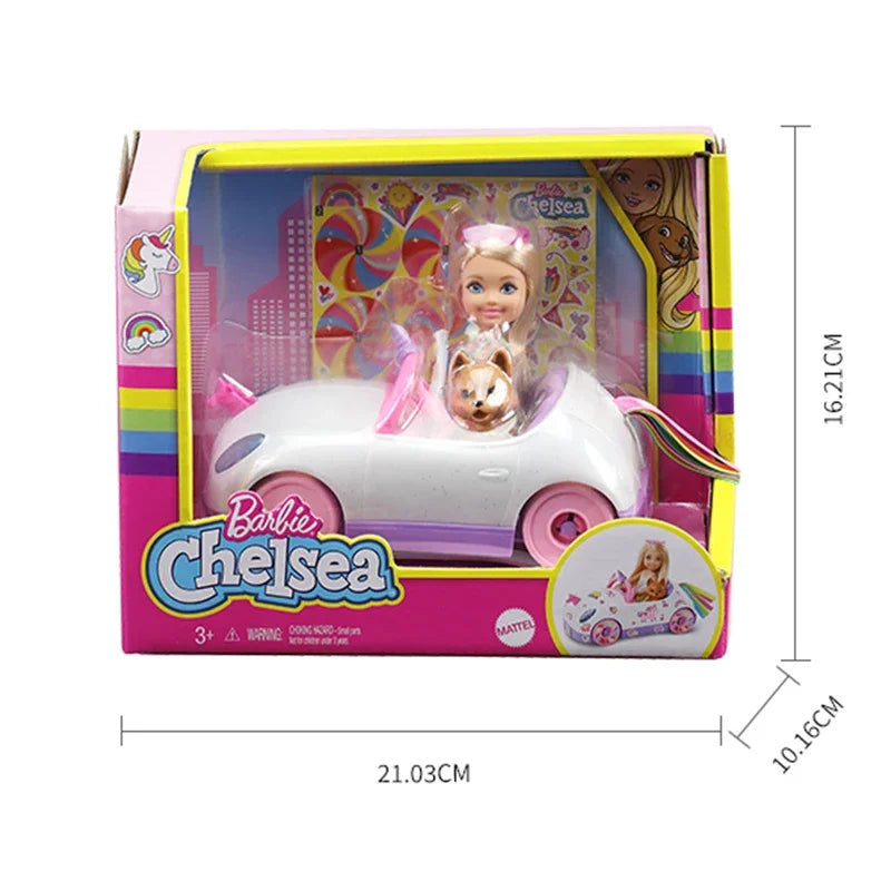 Original Barbie Club Chelsea Doll 6-inch Fashion Rainbow Unicorn Open-Top Car Kids Toys for Girls Play Dollhouse Accessories Pet