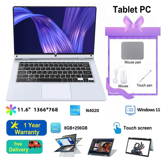 Tablet Laptop 2-in-1 N4020 11.6 "IPS Ultra HD Celeron N4020 2.80 GHz 8GB DDR4 to 256GB SSD Gaming Office Windows 11 Laptop