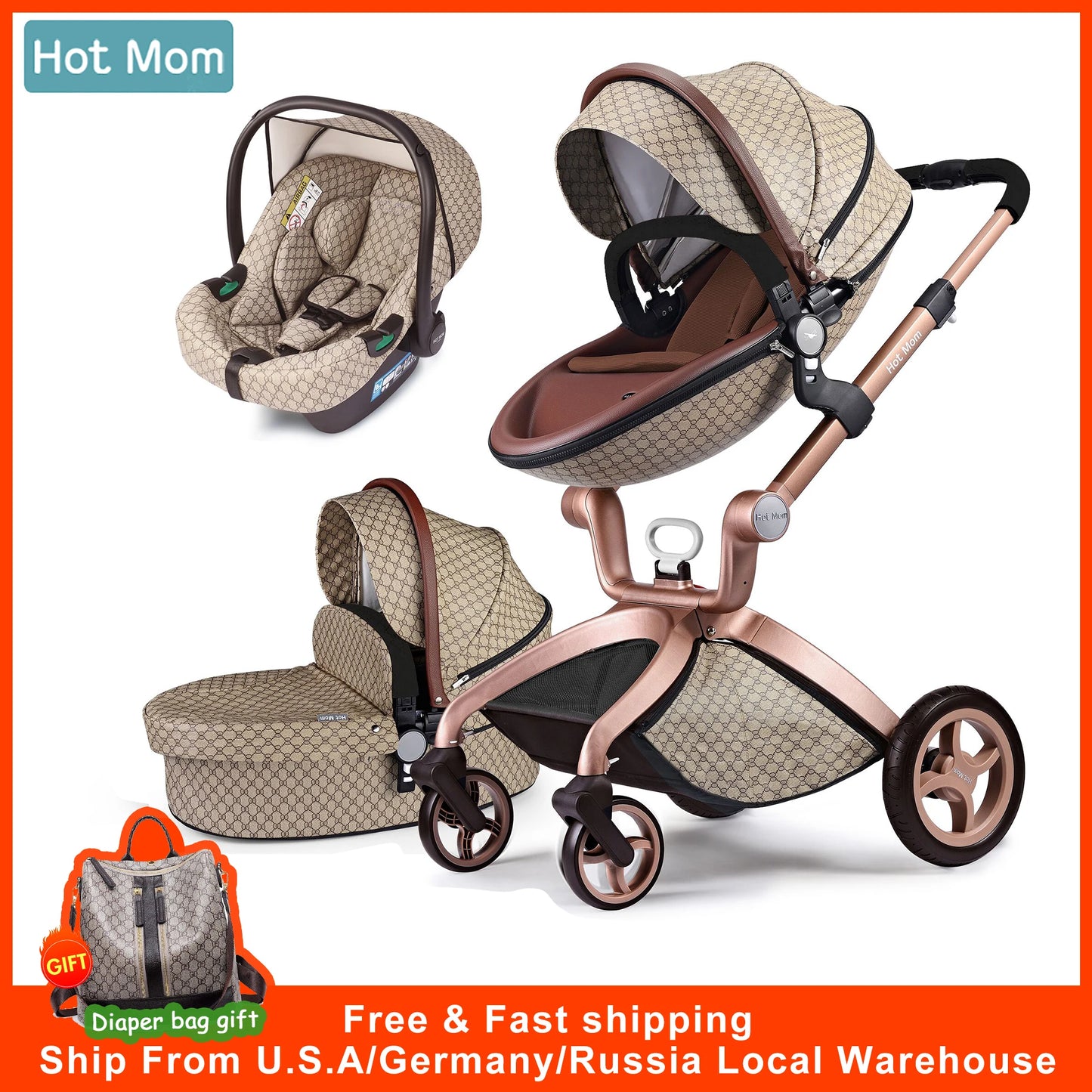 Hot Mom 3 in 1 Baby Pushchair, Baby Stroller,High Landscape Stroller For Newborn Baby,Multiple Accessories,Model F22