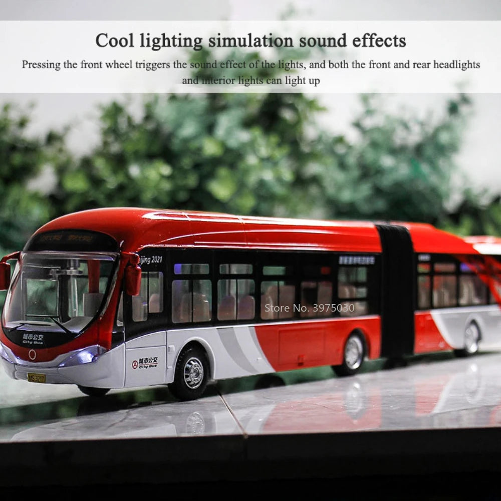 1:32 Alloy Diecast Bus Model Toys Large Double Section Articulated Sightseeing Tour Bus Sound Light Pull Back Boy Birthday Gifts