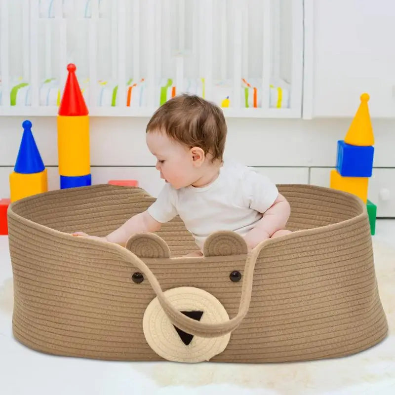Moses Basket For Babies Cute Bear Pattern Handwoven Diaper Changing Basket Multifunctional Foldable Portable Babies Essentials