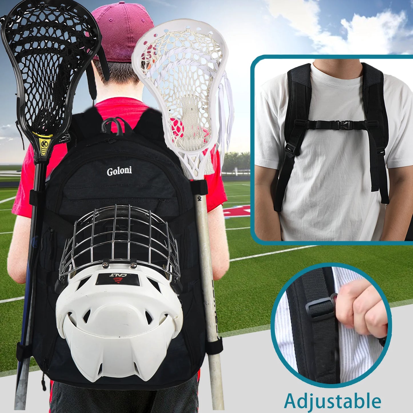 Large Lacrosse Equipment Backpack with Two Sticks holder and Separate Cleats Compartment Field Hockey Bag