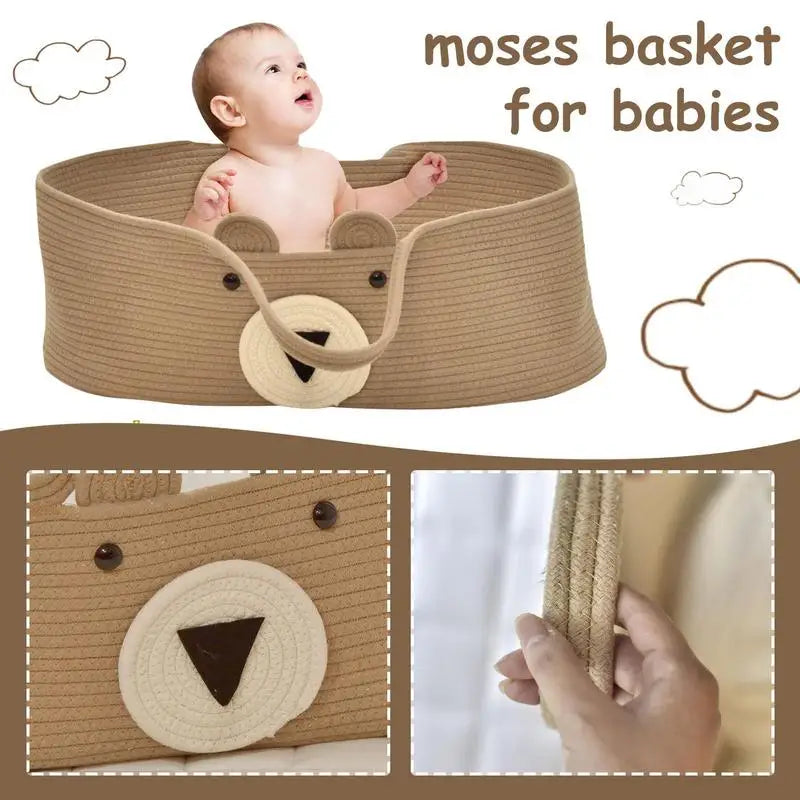 Moses Basket For Babies Cute Bear Pattern Handwoven Diaper Changing Basket Multifunctional Foldable Portable Babies Essentials