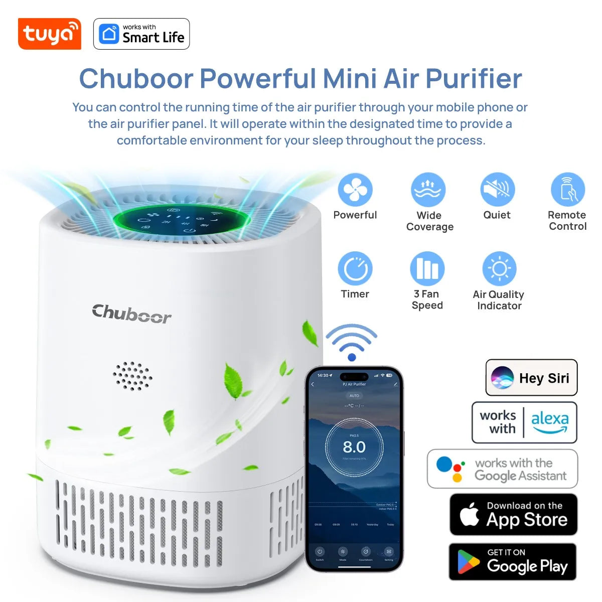 Tuya Smart Air Purifiers,APP Control HEPA Filter Air Cleaner for Pets