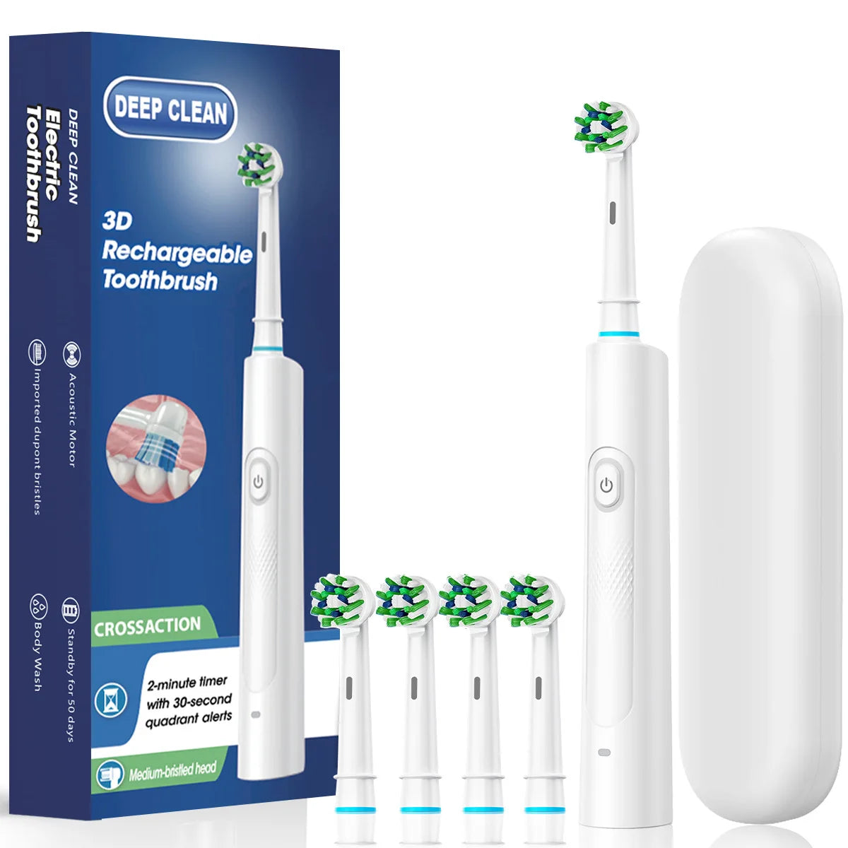 Rotating Electric Toothbrush Black White for Adults with 4 Brush Heads Deep Clean with Rechargeable Power and 2 Min Smart Timer