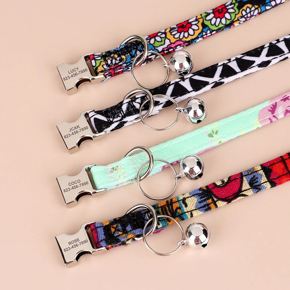 Personalized Printed Cat Collar Adjustable Kitten Puppy Collars With Free Engraved ID Nameplate Bell Anti-lost Cats Collars