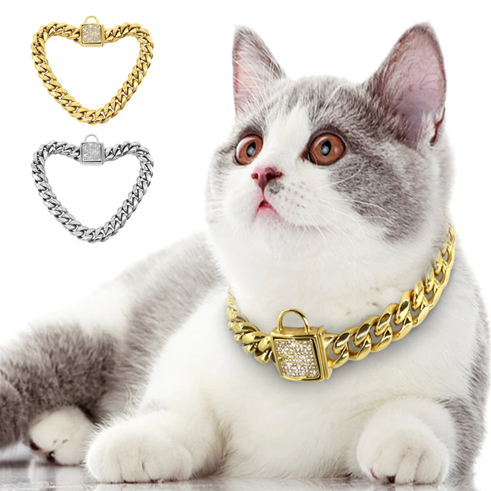 Stainless Steel Cat Chain Collar Luxury Puppy Cats Necklace Chain Cool Punk Pet Collars Party Necklaces For Cats Small Dogs Gold