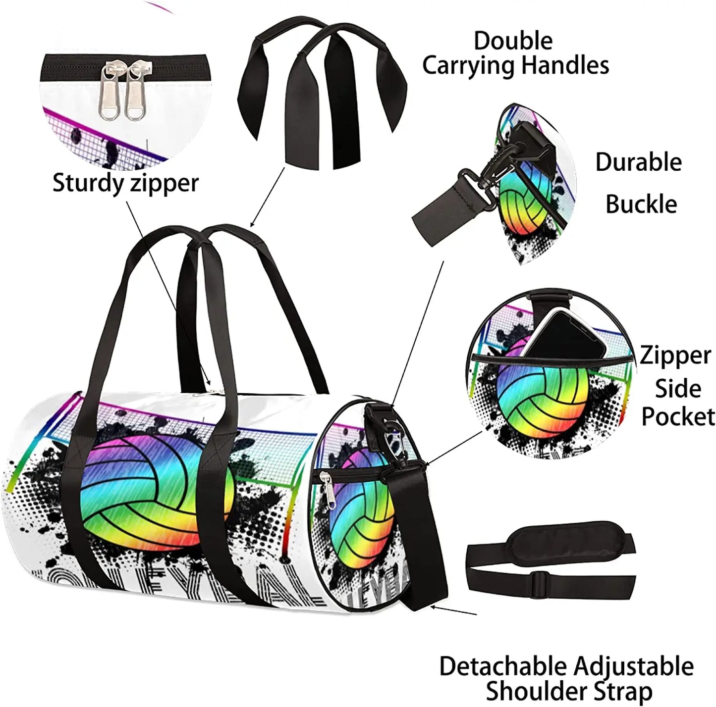 Rainbow Volleyball Sports Gym Bag Sport Ball Travel Duffel Bag Large Carry on Weekender Overnight Workout Shoulder Tote Bag