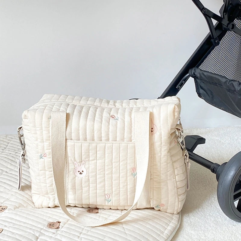 Embroidery Baby Bottle Bag on Stroller Soft Cotton Bucket Bag Bear Rabbits Olive Pattern Beige Lunch Box Bottle Tote Bag