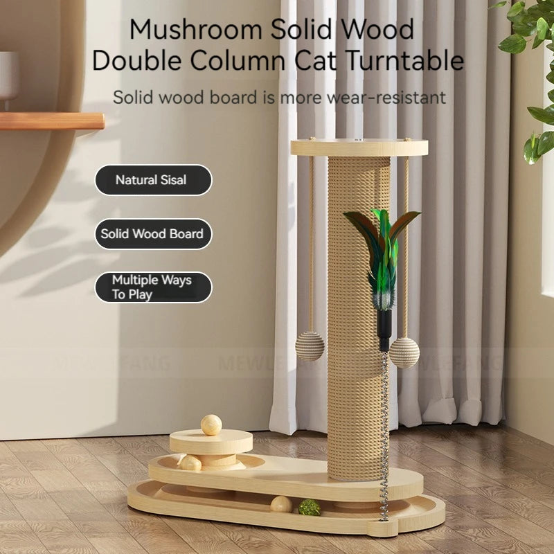 Solid Wood Pet Cat Turntable Scratch Pillar Board Sisal Climbing Frame Toy Balls Column Training Supplies Products Accessories