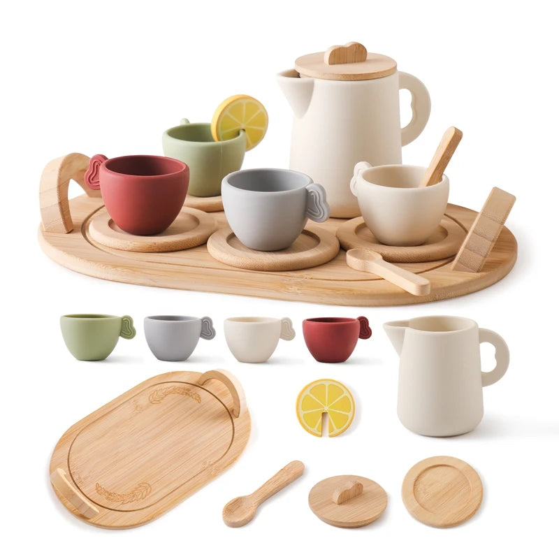 Wooden Children Montessori Toy Teapot Teacup Simulation Kitchen Utensil  BPA Free Silicone Kid Education Pretend Play Toy Gift