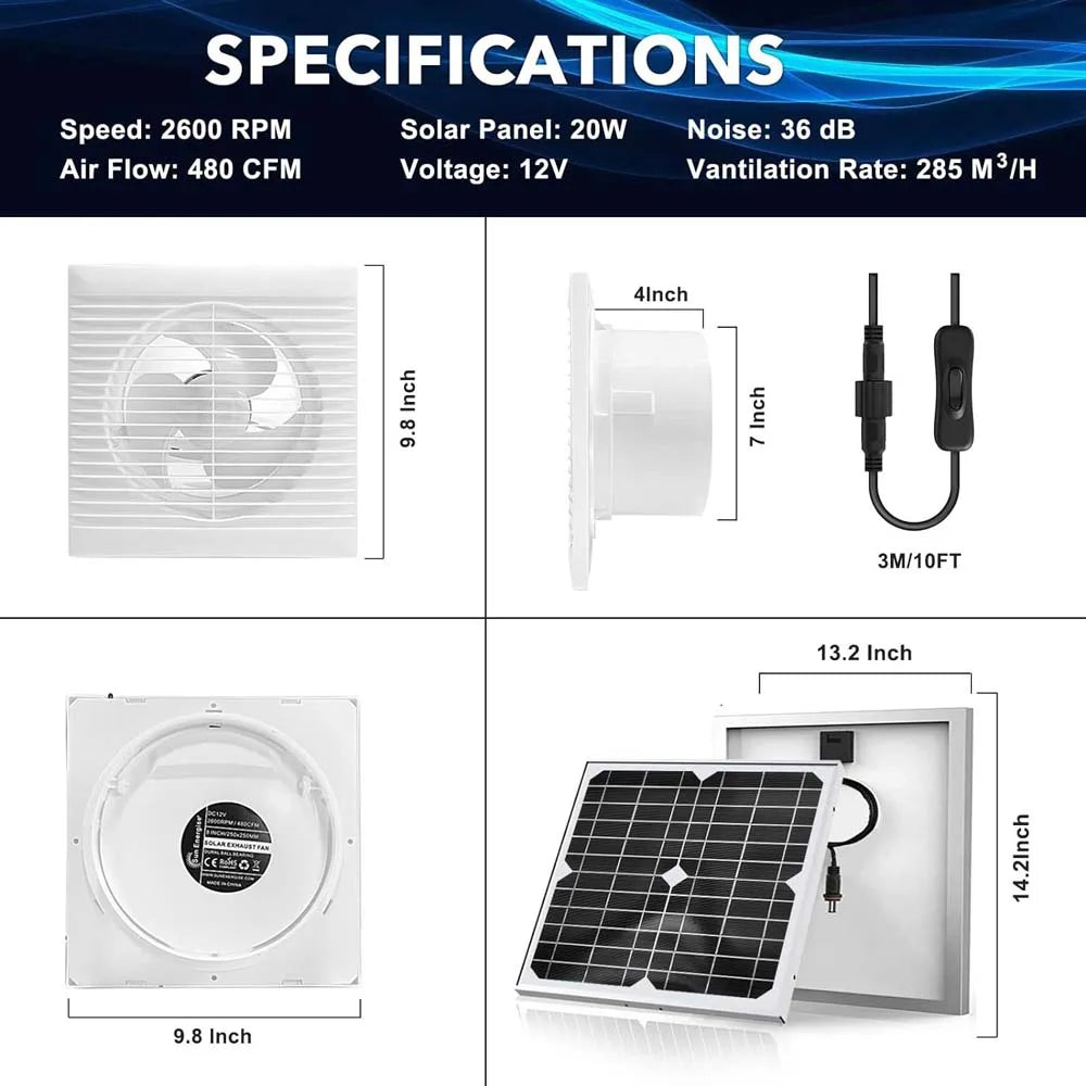Solar Powered Fan 20W Solar Panel with Bracket 8" Solar Fan with Longer Wire Waterproof Strong Airflow with Assembly Accessories