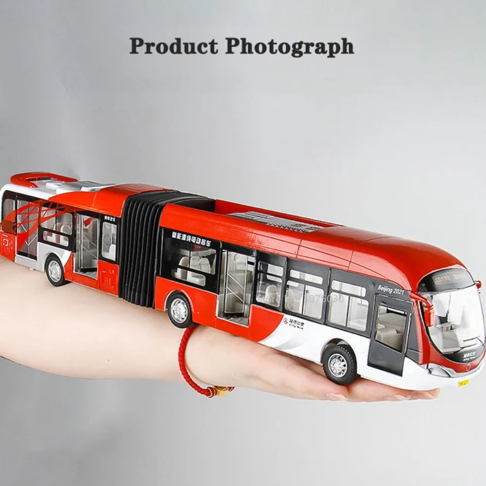 1:32 Alloy Diecast Bus Model Toys Large Double Section Articulated Sightseeing Tour Bus Sound Light Pull Back Boy Birthday Gifts