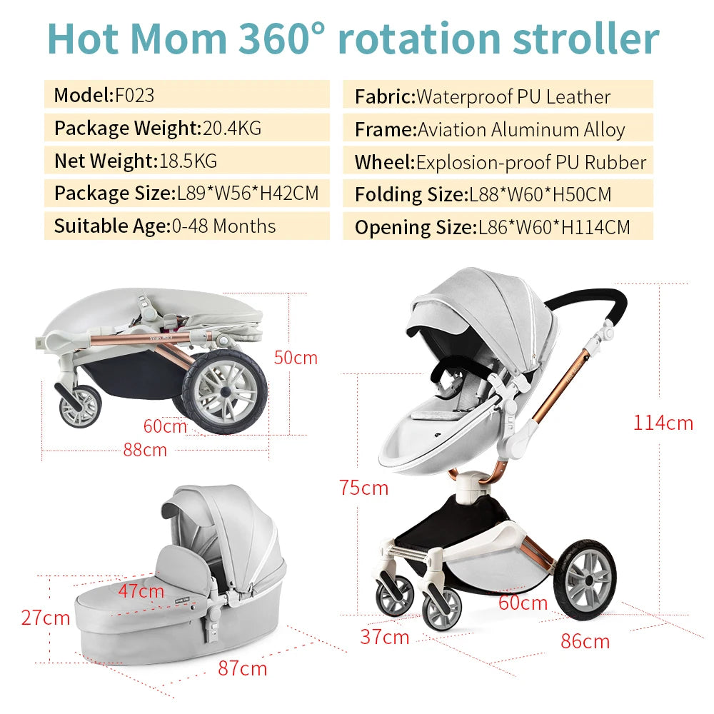 Hot Mom F023 Baby Stroller 3 in 1,Rotates 360 Degrees,PU Leather, Mosquito Net, Rain Cover, Adapter, Cup Holder, large wheels