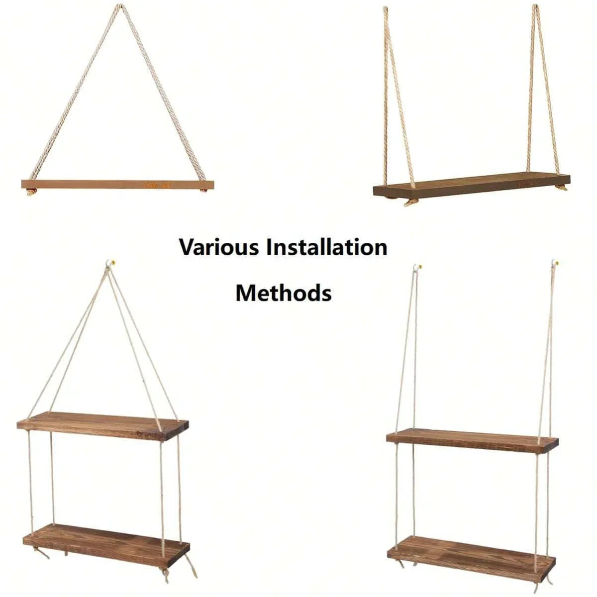 1Pc Wooden Swing Hanging Hemp Rope Wall Shelve Mounted Floating Home Living Room Plant Flower Pot Tray Storage Garden Decoration