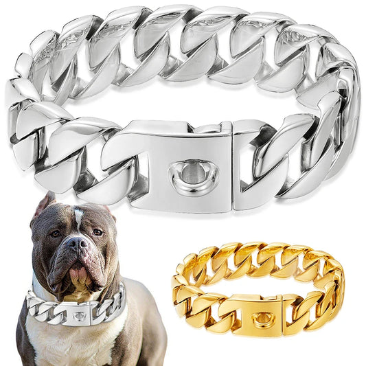 32mm Wide Gold Dog Chain Collar for Large Dogs Heavy Strong Stainless Steel Chew Proof Pet Chains Collars